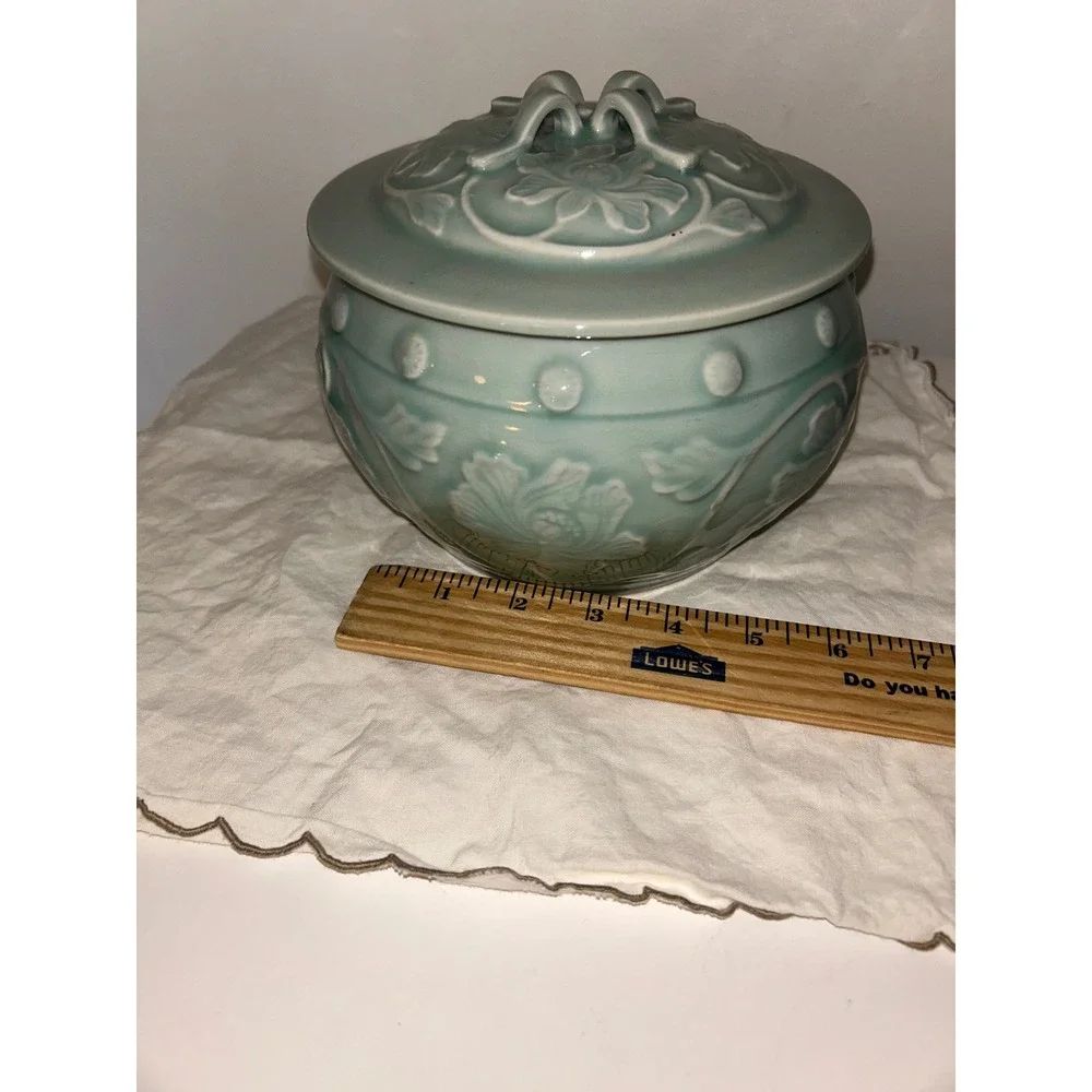 Vintage Korean Celadon Ginger Jar Lidded Ceramic Floral Relief Green Pottery